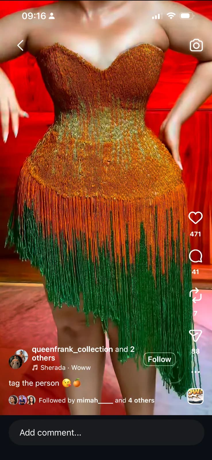 A greenish-orange dress
